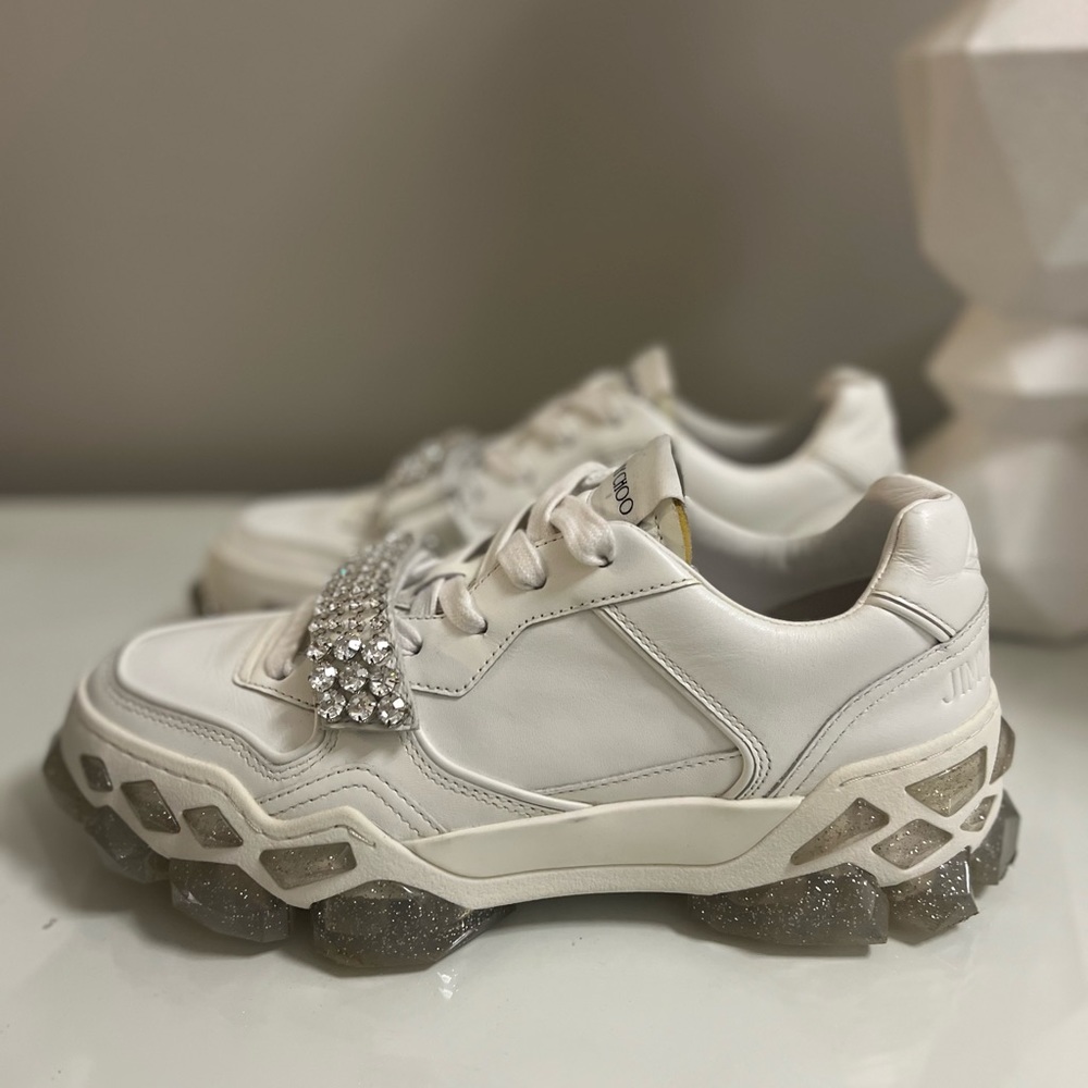 Jimmy Choo Diamond White Low Top Sneakers 37/7 Authentic shoes crystals